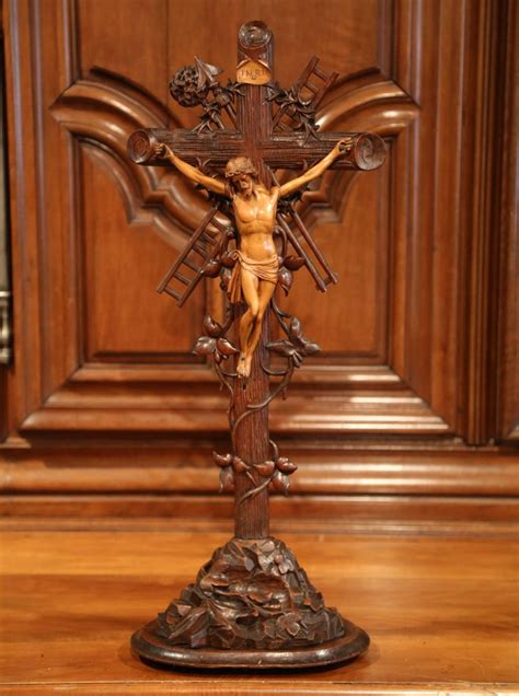 Tall 19th Century French Black Forest Carved Walnut Crucifix With Jesus