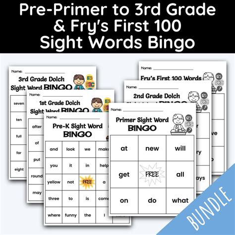 Sight Words Bingo Packet Pre Primer To 3rd Grade And Frys First 100
