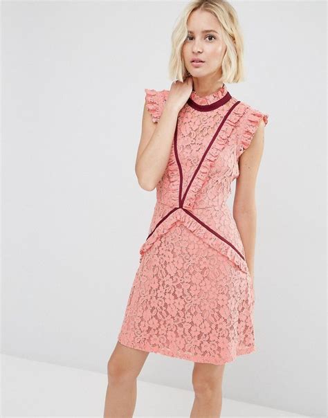 Asos Lace Shift Dress With Ruffle Detail And Contrast Trim At