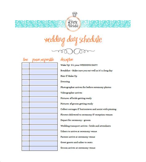 wedding agenda templates  sample  format