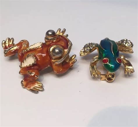 Two Frog Brooches Green And Blue Rhinestone And Orange And White Enamel