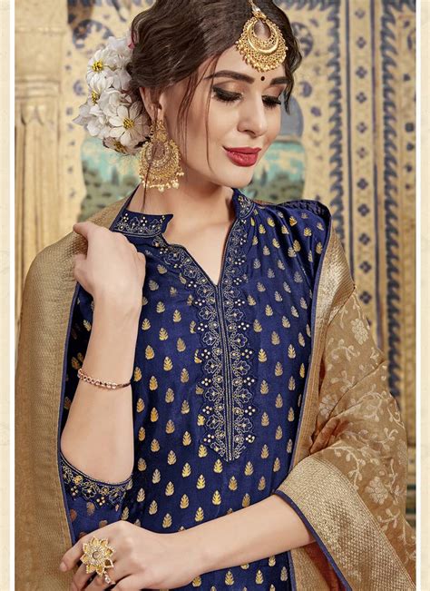 Blue Jacquard Silk Pakistani Style Suit Vasu Sarees 3129109