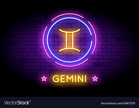 Gemini Zodiac Symbol In Neon Style On A Wall Vector Image