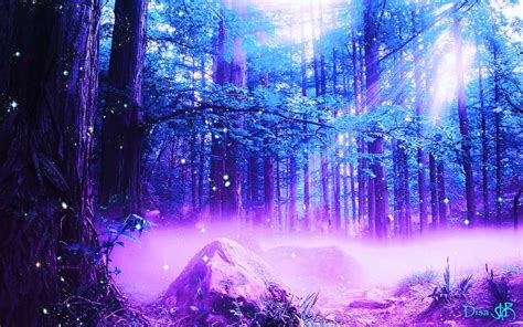 A Purple Forest Filled With Lots Of Trees Covered In Stars And Dust As