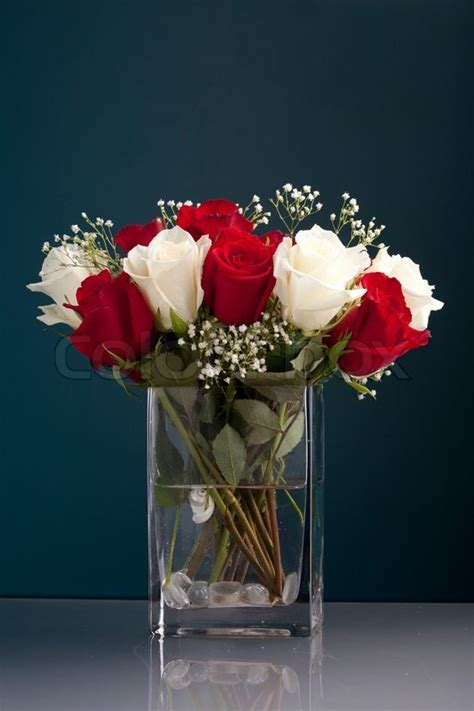 High angle view of red rose; An arrangement of beautiful red and white roses with babys ...