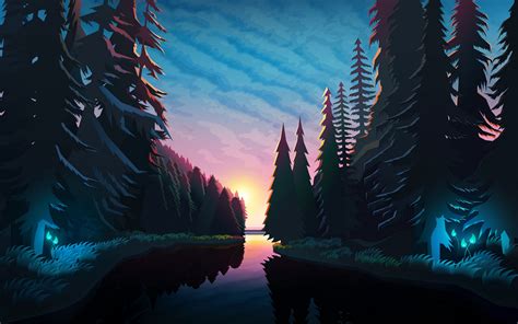 Download Wallpaper 3840x2400 River Forest Sunset Landscape Art 4k Ultra Hd 1610 Hd Background