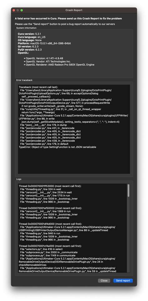 Cura 5.2.1 crashing when sending sliced print to Octopi. Cura Monitor