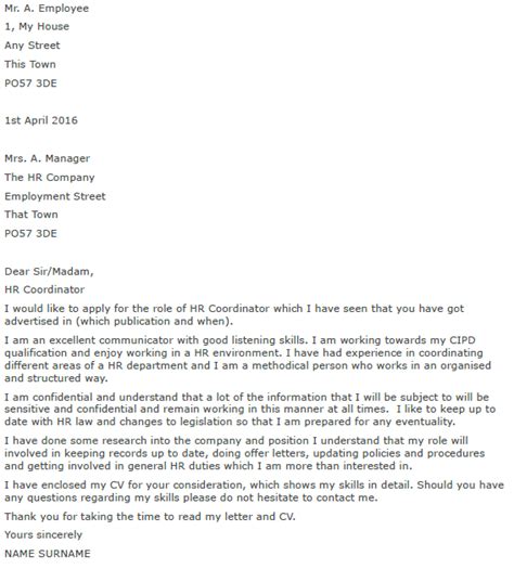 But if you get the chance to do so, take it. HR Coordinator Cover Letter Example - icover.org.uk