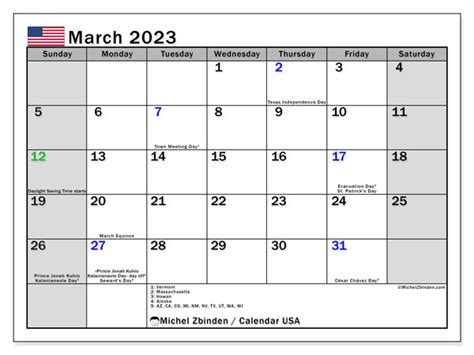 March 2023 Printable Calendar “united States” Michel Zbinden Us