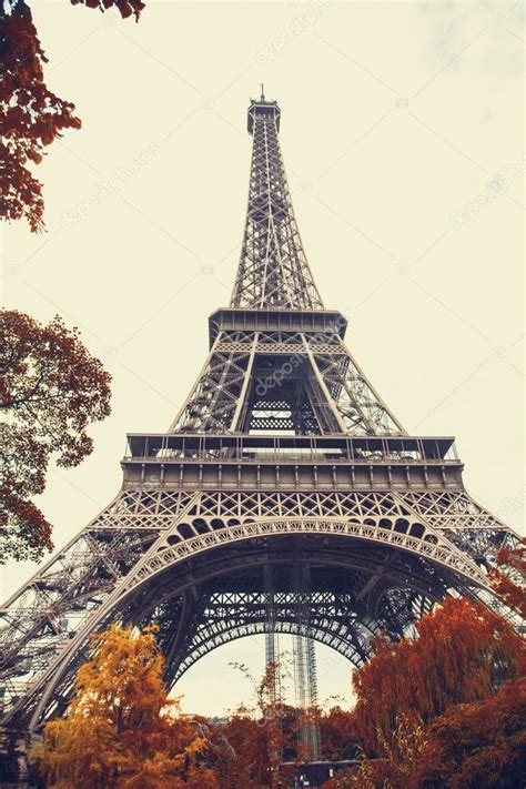 Paris Gorgeous Wide Angle View Of Eiffel Tower In Autumn Season Stock