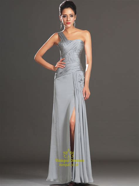 Grey One Shoulder Sleeveless Ruched Sheath Long Prom Dress With Split