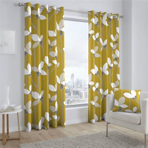 Kalmar Floral Fully Lined Eyelet Curtains Ochre Yellow