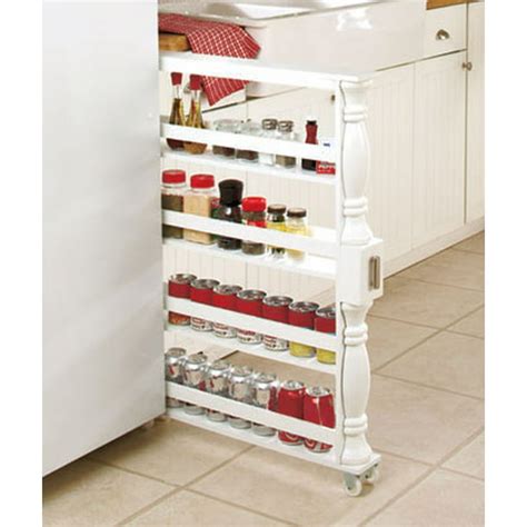 White Wooden Spice Seasoning Can Rack Slim Rolling Cart Space Saver