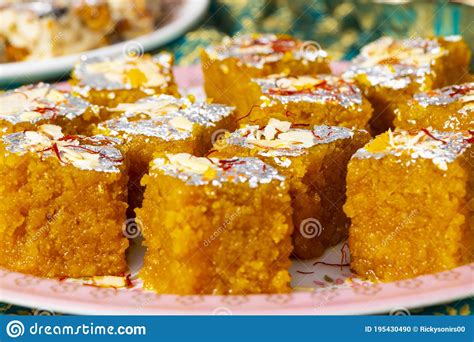 Indian Sweet Food Mung Dal Chakki Or Moong Dal Barfi Stock Photo