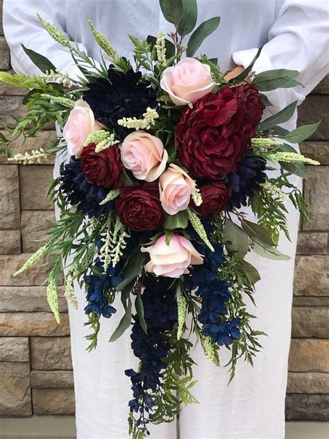 Cascading Silk Navy Burgundy Blush Bridal Bouquet Cascading Etsy