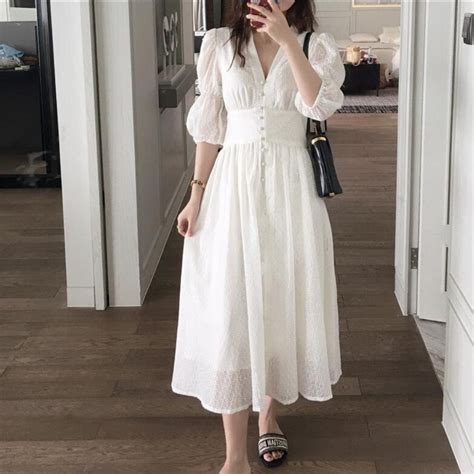 French Romantic Style White Dresses 2019 Summer V Neck Single Breasted Puff Sleeve Long Dress