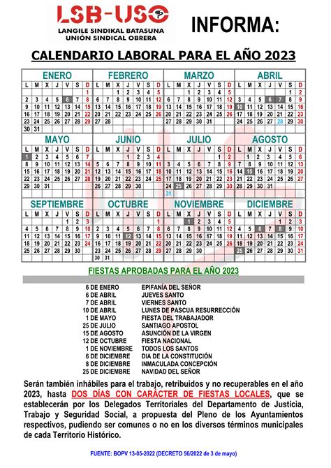 Calendario Oficial De Fiestas Laborales De Euskadi Para El Año 2023