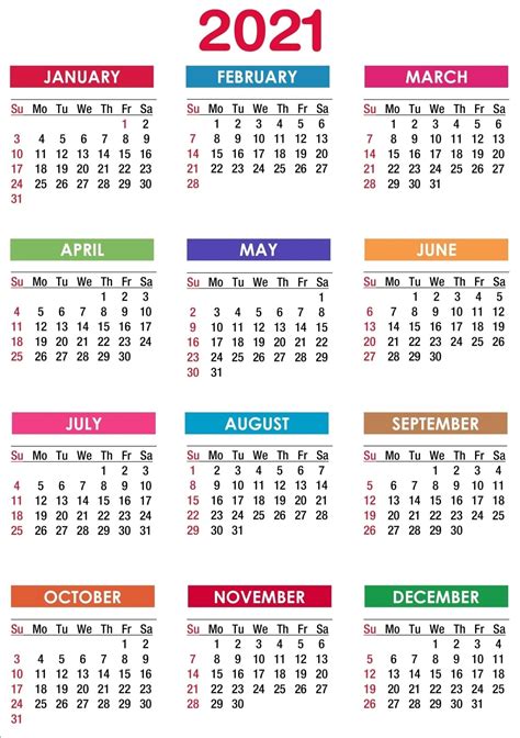 2021 Calendar Printable 12 Months All In One Printable Yearly