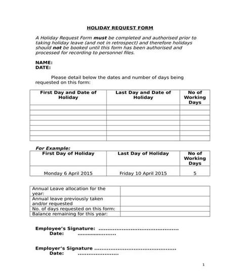 holiday request forms   ms word excel