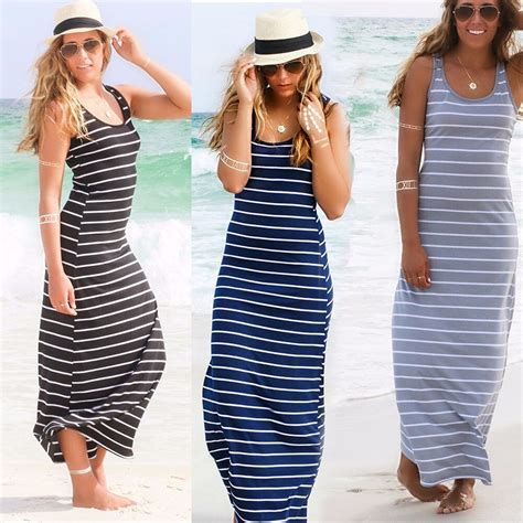 Women Summer Striped Boho Evening Party Long Maxi Beach Dress Cotton