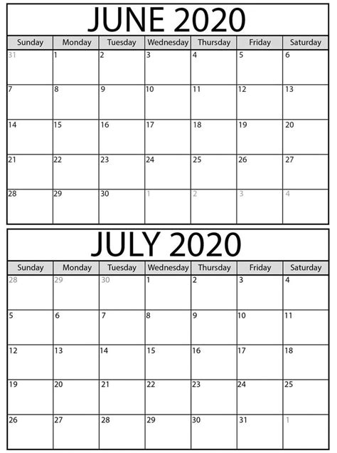 June July 2020 Calendar Template July Calendar August Calendar Calendar