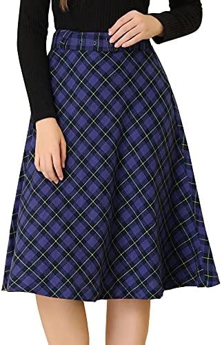 Allegra K Womens Tartan Skirt Belted High Waist A Line Midi Plaid Check