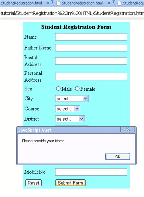 Html Code For Student Registration Form