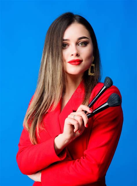 Gorgeous Lady Makeup Red Lips Attractive Woman Applying Makeup Brush