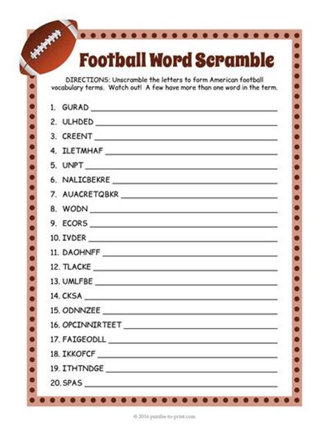 Football Word Scramble Worksheet