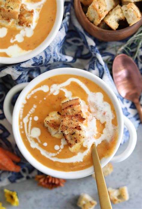 Carrot And Potato Soup With Rosemary Garlic Croutons