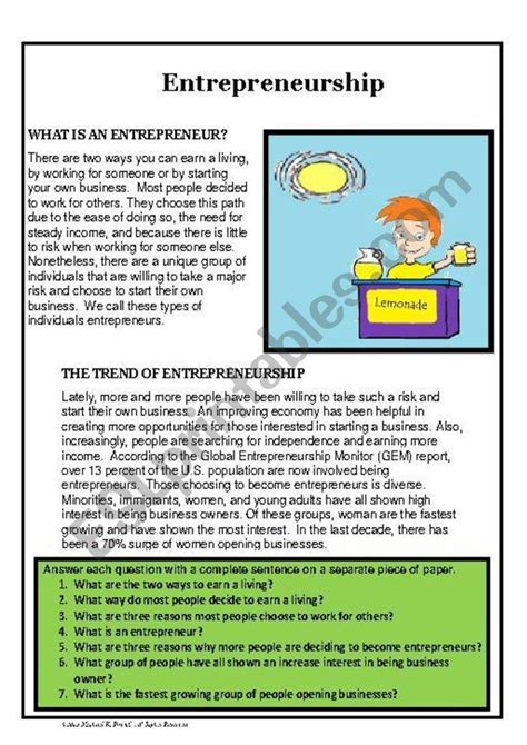 Entrepreneur Worksheets For Students