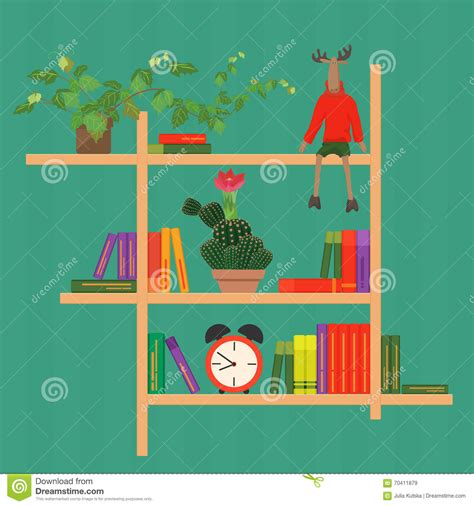 Shelves With Colorful Books Clock Cactus And Toy Vector Illustration