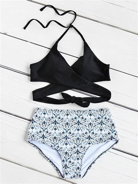 ¡cómpralo Ya Mixed Print Wrap High Waist Bikini Set Black And White