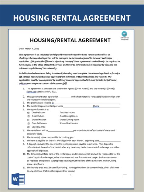 A registered rental agreement protects you during any dispute between you and your landlord. Housing Rental Lease Agreement | Templates at ...
