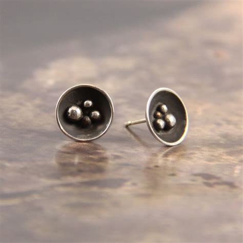 Silver Oxidized Stud Earrings Granulation Dome Earrings Etsy