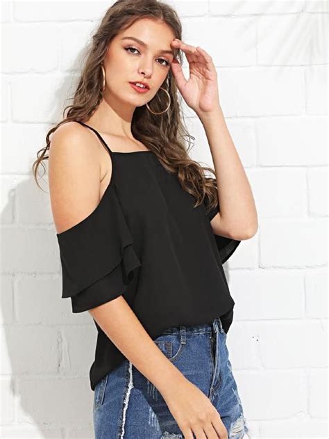 Shein Cold Shoulder Layered Sleeve Top Tops Top Outfits Shoulder Top