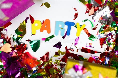 Colorful Confetti And Presents With The Word Party Decoration On White