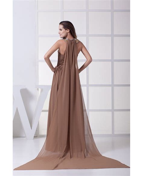 Sequined Long Halter Exotic Brown Chiffon Prom Dress Op4462 1704
