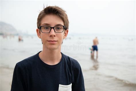 Handsome Young Boy At Beach In Alicante Beautiful Calm Smiling Teen
