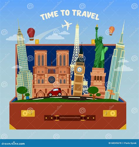 Time To Travel Banner Suitcase Full Of World Famous Places Stock