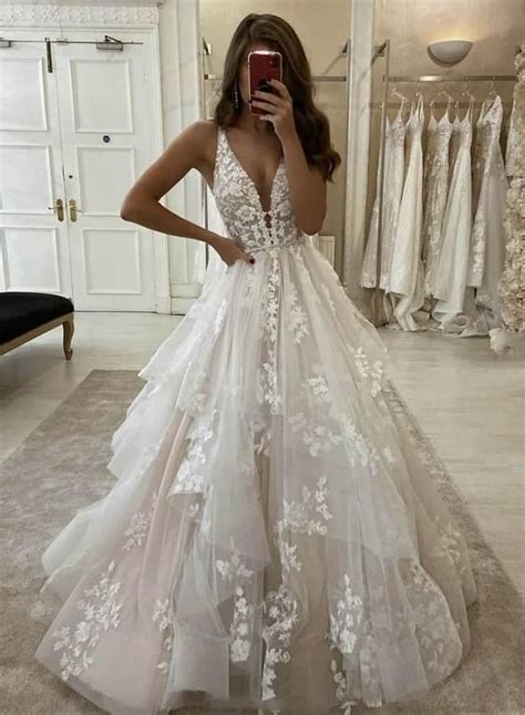 Custom Made V Neck Tulle Lace Long Prom Gown Ks1488 In 2021 Ivory Lace Wedding Dress Ball