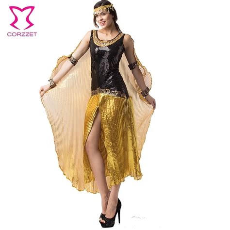 Gold Black Sequined Egyptian Cleopatra Costume Women Princess Queen