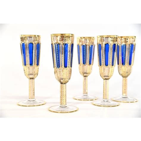 Set Of Eight Moser Crystal Panel Cut Cobalt Blue Enamel And Gold Champagne Flutes Chairish