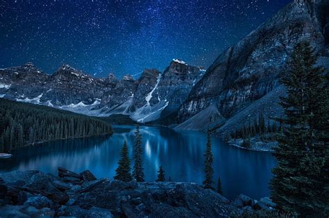 Hd Wallpaper Lakes Moraine Lake Earth Mountain Night Sky Snow