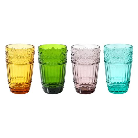 Colored Water Glasses Embossed Design Glass Tumblers Set 12 Oz Of 4 Colors Set