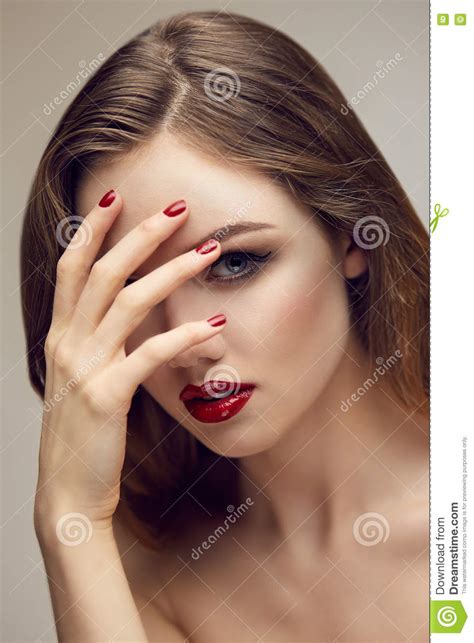 Classic Red Lips Girl Touching Forehead Stock Photo Image Of Adult