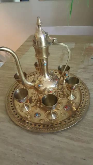 Vintage Indian Brass Dallah Turkish Arabic Coffee Pot Set With Tray