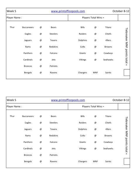 2020 Nfl Football Pool Pick Sheet Week Five Football Pool Nfl