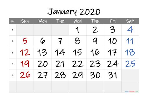 Printable January 2020 Calendar With Week Numbers
