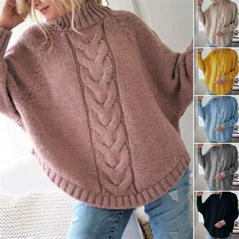 Cape Cardigan Women Sweater Warm Top Turtleneck Knit Outdoor Coat